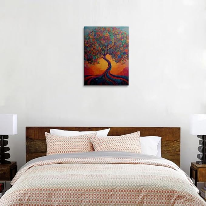 Cool Colorful Boho Abstract Picture Wall Decor Framed Fantasy Texture Blooming Tree of Life Graffiti Canvas Wall Art Modern Prints Poster Country Painting for Living Room Bathroom Bedroom16x24 Inches