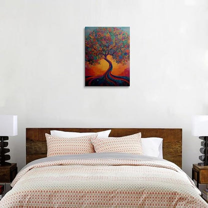 Cool Colorful Boho Abstract Picture Wall Decor Framed Fantasy Texture Blooming Tree of Life Graffiti Canvas Wall Art Modern Prints Poster Country Painting for Living Room Bathroom Bedroom16x24 Inches