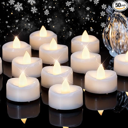 merrynights LED Candles, Tea Lights Candles Battery Operated Bulk, 50-Pack Long-Lasting 200 Hours Flameless Tealight Candles, Realistic Tea Lights for Christmas Halloween Wedding, 1.5'' D X 1.25'' H