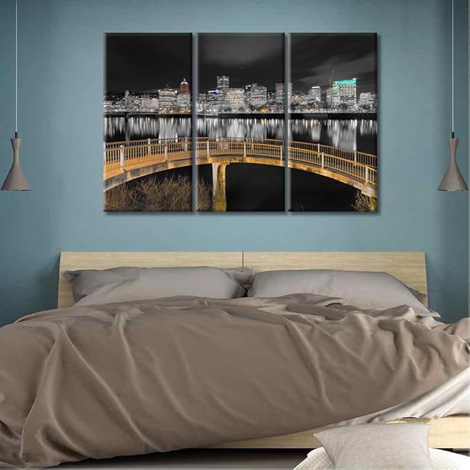 TUMOVO Home Decor Ortland Oregon Downtown City Skyline Pictures Bathroom Decor Wall Art 3 Panel Nighttime Lightscape Contemporary Home Decor Print on Canvas Framed Ready to Hang (36" Wx24 H)