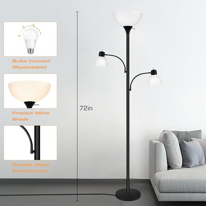 Luvkczc Floor Lamps for Living Room, 72" Tall Torchiere Floor Lamp with 8W Adjustable Reading Lights, Industrial Lamps for Living Room, Bedroom, Office, Black Tree Floor Lamp【3 Bulbs Included】
