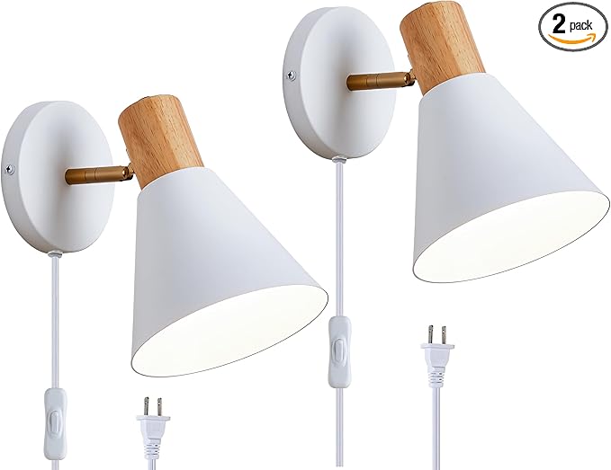 Plug in Wall Sconces Lighting Fixture Pack of 2, Wooden Adjustable Bedside Wall lamp for Industrial Bedroom, Living Room Bathroom Sink Lighting (2, White)