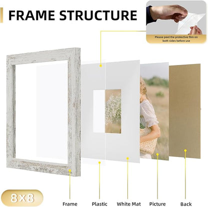 YESKAY 8x8 Picture Frame Set of 9, Photo Gallery Wall Frame Set, Display Pictures 4x4 with Mat or 8 x 8 Without Mat, Square Frame Picture Frames Collage Wall decor, Distressed White