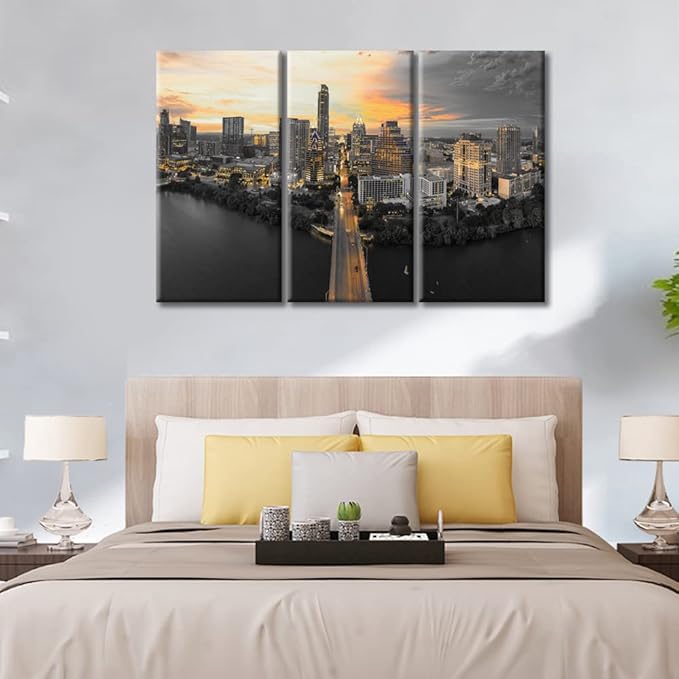 American Cityscape Modern Home Decor 3 Panels Austin Sunset Skyscrapers Natural Landscape Pictures Wall Art for Bedroom, Living Room, Office. Framed Ready to Hang (42" Wx28 H)