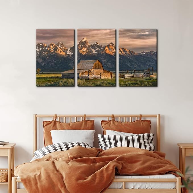 Pacimo Country Paintings for Wall Grand Canyon Picture Art Nature Landscape Artwork 3 Pieces Log Cabin Modern Wall Art Giclee Home Decorations for Living Room Framed Ready to Hang - 16"x24"x3 Panels