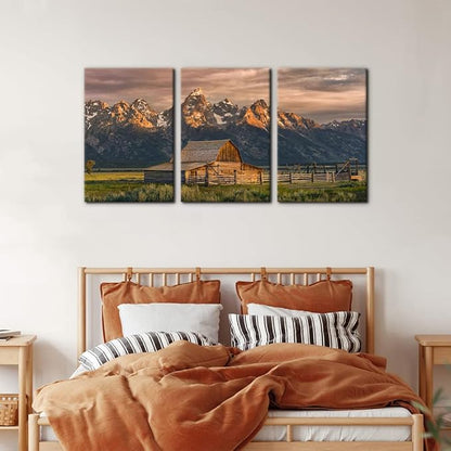 Pacimo Country Paintings for Wall Grand Canyon Picture Art Nature Landscape Artwork 3 Pieces Log Cabin Modern Wall Art Giclee Home Decorations for Living Room Framed Ready to Hang - 16"x24"x3 Panels