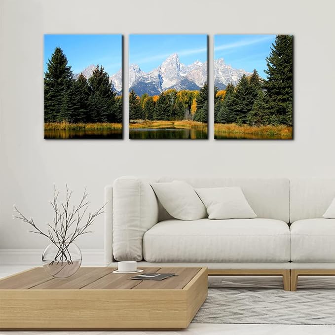 Pacimo 3 Pieces Canvas Art Wall Decor Grand Teton National Park Pictures Natural Landscape Painting Pond Prints on Canvas Modern Artwork Stretched and Framed Ready to Hang - 12" x 16" x 3