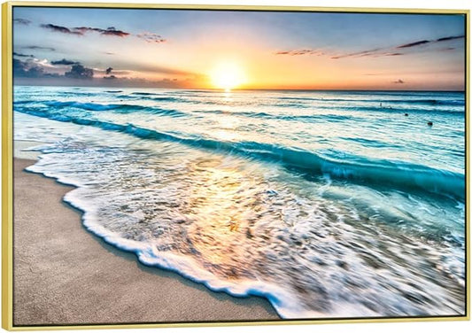 Wieco Art Framed Art Sea Waves Canvas Prints Wall Art Abstract Seascape Paintings for Living Room Home Decorations Large Framed Canvas Art Sea Artwork Golden Frame