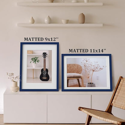 Egofine 12x16 Picture Frames 4PCS Covered by Plexiglass, Made of Solid Wood, Display Pictures 9x12/11x14 with Mat or 12x16 Without Mat for Wall Mounting, Navy Blue