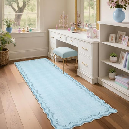 GarveeHome 2x6 Scalloped Washable Runner Rug for Kitchen, Soft Blue Hallway Runner Non Slip Entryway Rug Farmhouse Thin Laundry Mat Stain Resistant Carpet for Bedroom Bathroom Beside Rug