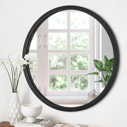 JJUUYOU Round Wall Mirror 16", Hanging Circle Mirror Round Black Mirror for Bathroom Wooden Farmhouse Frame Mirror for Bedroom, Living Room or Entryway Wall Decorative