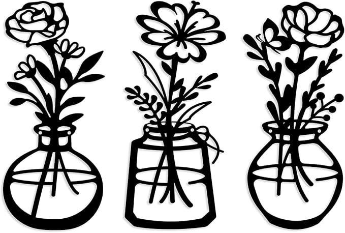 ARTINME 3 Pieces Metal Flowers Wall Arts - Rustic Farmhouse Decor Minimalist Flower Wall Decors for Living Room Bathroom Kitchen Bedroom Dining Room - Housewarming Gifts (Black)