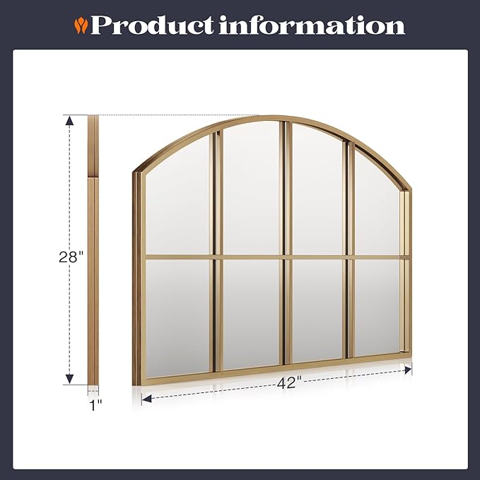 42" x 28" Arched Gold Windowpane Wall Mirror, Grid Wide Brass Window Mirror with Antique Framhouse Style, Large Antique Mirrors for Living Room, Bedroom, Fireplace, Hallway, Entryway