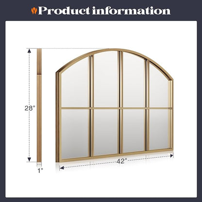 42" x 28" Arched Gold Windowpane Wall Mirror, Grid Wide Brass Window Mirror with Antique Framhouse Style, Large Antique Mirrors for Living Room, Bedroom, Fireplace, Hallway, Entryway
