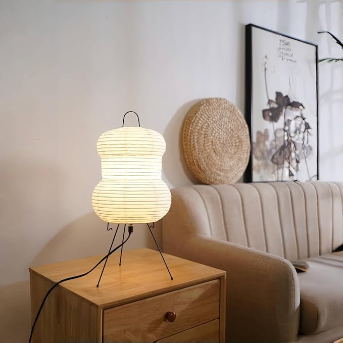 Japanese Noguchi-Inspired Table Lamp – Zen Rice Paper Lantern, Warm Light for Bedroom, Living Room, or Office, Modern Japandi Decor (Hourglass)