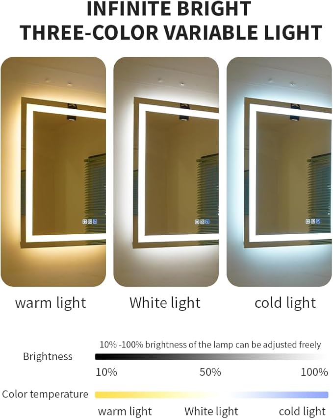 40 * 24inches Rectangle LED Mirror, Smart Bathroom Mirror with Lights, Anti-Fog, Tempered Glass, 3 Colors Dimmable, Front and Backlit, CRI 90+, Wall Mounted, Memory