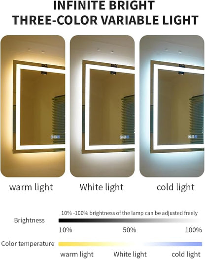 40 * 24inches Rectangle LED Mirror, Smart Bathroom Mirror with Lights, Anti-Fog, Tempered Glass, 3 Colors Dimmable, Front and Backlit, CRI 90+, Wall Mounted, Memory