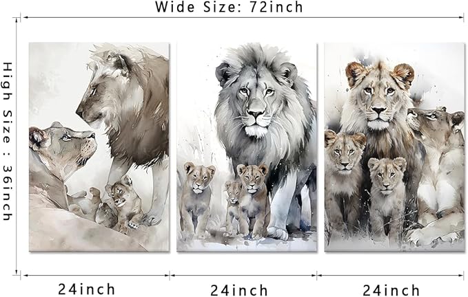Lion Family Portrait Pictures Wall Decor Artwork Modern 3 Piece Lion Poster Wall Art Animal Canvas Paintings Living Room Home Office Decorations, Framed 72”W x 36”H