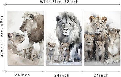 Lion Family Portrait Pictures Wall Decor Artwork Modern 3 Piece Lion Poster Wall Art Animal Canvas Paintings Living Room Home Office Decorations, Framed 72”W x 36”H
