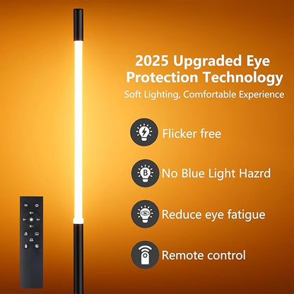 LED Dimmable Floor Lamp with Remote & Foot Switch, 2700–6000K Adjustable Color Temperature & Stepless Dimming, Slim Linear Tube Tall Standing Lamp, Modern Black Corner Lamp for Living Room Bedroom