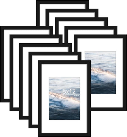 8x12 Picture Frame Sef of 10, Display Pictures 6x8 with Mat or 8 x 12 Without Mat, Photo Frame Collage for Wall Gallery Decor, Wall Mounted, Black