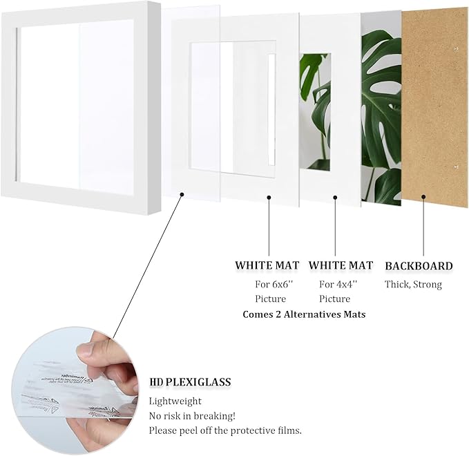 Egofine 8x8 Picture Frames 4 PCS - Made of Solid Wood Covered by Plexiglass for Table Top Display and Wall Mounting Photo Frame for Pictures 4x4/6x6 with Mat White