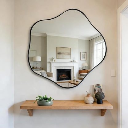 Large Scalloped Mirror, 35" Irregular Shaped Mirror, Asymmetrical Wall Mirrors Decorative, Modern Wavy Round Mirrors for Living Room Bathroom Bedroom Hallway Entryway Fireplace