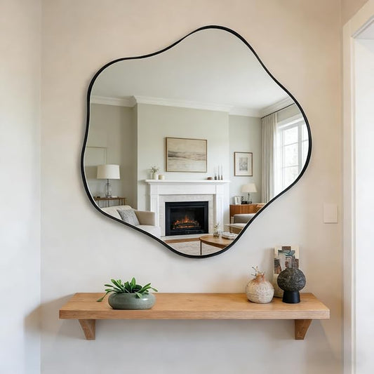 Large Scalloped Mirror, 35" Irregular Shaped Mirror, Asymmetrical Wall Mirrors Decorative, Modern Wavy Round Mirrors for Living Room Bathroom Bedroom Hallway Entryway Fireplace