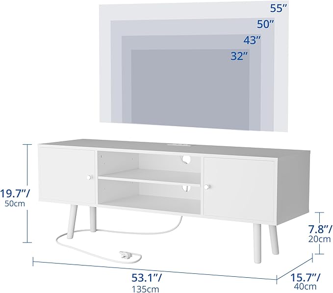 Cozy Castle TV Stand for 48-55 Inch TV, Mid Century Modern Entertainment Center with Storage Cabinet, TV Media Console with Charging Station for Living Room (White, 53.1" W x 15.7" D x 19.7" H)