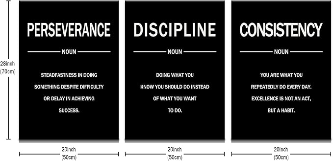 3 Pieces Motivational Canvas Wall Art Perseverance Discipline Consistency Inspirational Quotes Poster Print Positive Wall Decor Artwork for Living Room Workplace Stretched and Framed [60''W x 28''H]