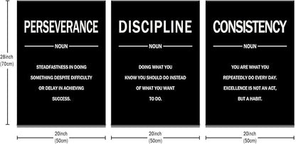 3 Pieces Motivational Canvas Wall Art Perseverance Discipline Consistency Inspirational Quotes Poster Print Positive Wall Decor Artwork for Living Room Workplace Stretched and Framed [60''W x 28''H]