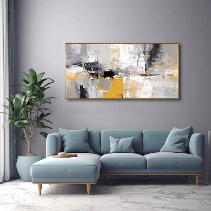Wall Art Yellow Black White and Grey Modern Artwork for Living Room Bedroom Dining Room Home Office Decor 24"x48" with Framed