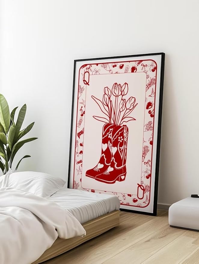 ZHBJSM Cowboy Boot Tulip Wall Art Red White Line Print Poker Style Boho Chic Decor Bedroom Living Room Stylish Western Floral Home Accent 12x16 Inch Unframed