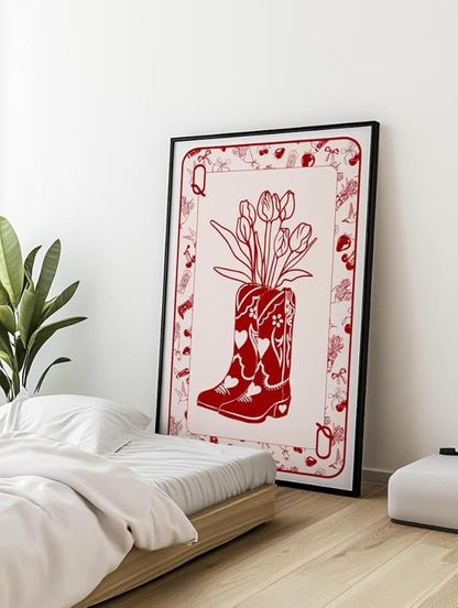 ZHBJSM Cowboy Boot Tulip Wall Art Red White Line Print Poker Style Boho Chic Decor Bedroom Living Room Stylish Western Floral Home Accent 12x16 Inch Unframed