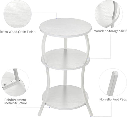 YEAKOO Vintage Small Round Side Table, 3-Tier Slim Waist Circular End Table with Storage Shelf, Compact Tea Sofa Table, Round Corner Coffee Table Nightstand for Living Room Bedroom Small Spaces,White