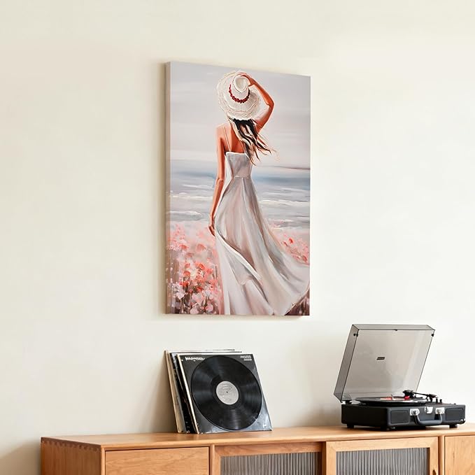 Poemwish Floral Woman Wall Art, Vintage Coastal Oil Painting with Red Hat & White Dress, Oil Texture Paintings Wall Decor in Soft Blue Tones, Impressionist Beach Scene with Pink Flowers