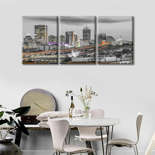 TUMOVO Boston Massachusetts Skyline Canvas Paintings Office Decor Bridges and Highways at Dusk Wall Decor 3 Pieces City Skyline Wall Decor for Bedroom, Living Room.Ready to Hang (36" Wx16 H)