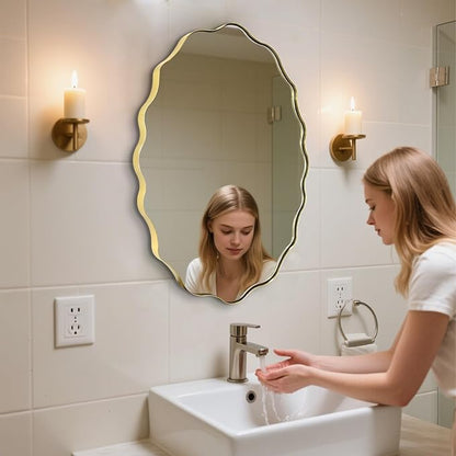 Scalloped Mirror, 35.5"x26" Oval Vanity Mirror for Over Sink, Gold Irregular Shaped Mirrors, Modern Wavy Round Mirrors for Living Room Bedroom Bathroom Hallway Entryway Fireplace