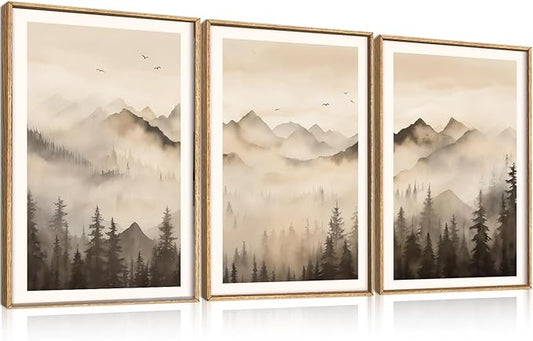 Nature Misty Forest Framed Canvas Wall Art Set, Foggy Landscape Wall Decor, Watercolor Pine Tree Wall Painting, Large Mountains Art Print for Living Room, Bedroom, Office - 24"X36"X3