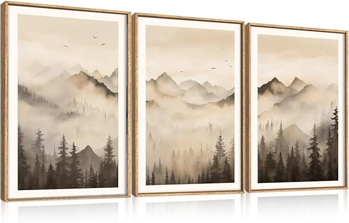 Nature Misty Forest Framed Canvas Wall Art Set, Foggy Landscape Wall Decor, Watercolor Pine Tree Wall Painting, Large Mountains Art Print for Living Room, Bedroom, Office - 16"X24"X3