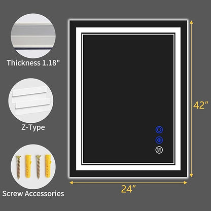42"x24" LED Bathroom Mirror with Anti-Fog, Stepless Dimmable Lights, 3 Color Modes, Shatter-Proof Tempered Glass,Waterproof Design