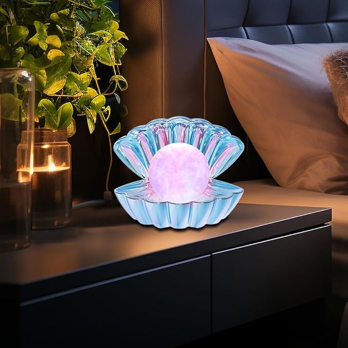LKUA Shell Pearl Beach Themed Night Light, RGB 8 Colors Changing Mood Shell Pearl Lamps, Bedside LED Clamshell Portable Night Lights for Bar (Electroplating Blue)