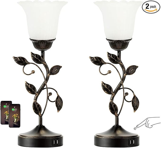 Set of 2 Touch Bedside Vintage Lamps with 2 USB Ports, 3-Way Dimmable Flower Lamps, White Glass Shade Rustic Leaf Lamp for Bedroom Side Table, LED Bulb Included