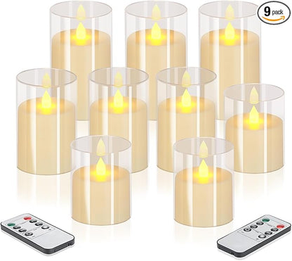 wemarry Flameless Candles 4" 5" 6" Acrylic Glass Pillars 3" Diameter Battery Operated Flickering Candles Include 8-Key Remote with Timer Function 400+ Hours (Pure White, Warm Light 9 Pack)