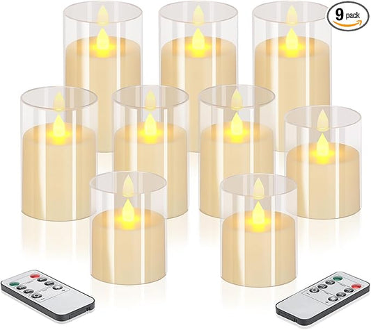 wemarry Flameless Candles 4" 5" 6" Acrylic Glass Pillars 3" Diameter Battery Operated Flickering Candles Include 8-Key Remote with Timer Function 400+ Hours (Pure White, Warm Light 9 Pack)
