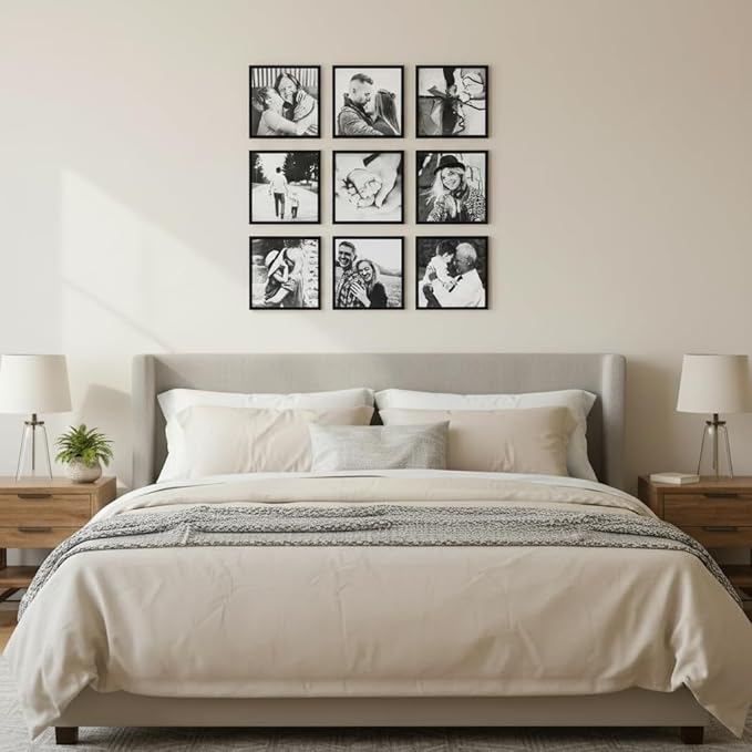 ArtbyHannah Photo Collage Frames for Wall, 8x8 Inch Square Picture Frame for Living Room or Staircase Decoration (Black, 9 Pack)