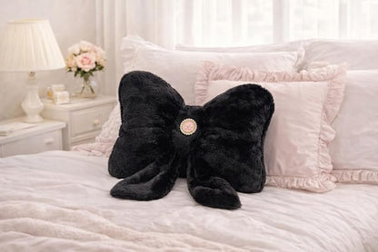 Black Bow Pillow 12x9 Inch, Cute Plush Bow Shaped Decorative Pillow with Back Strap, Coquette Room Decor for Teen Girls Bedroom Chair Couch Car