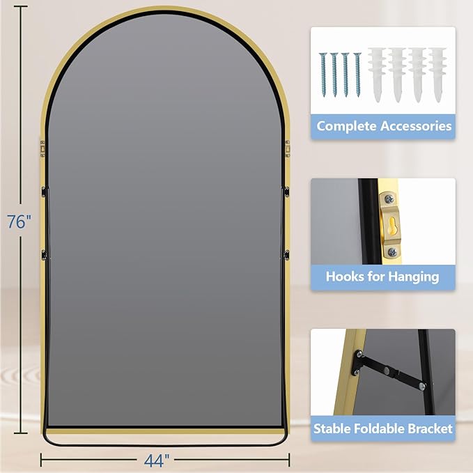 Large Mirror Full Length 76"X44", Oversized Arched Floor Mirror with Stand, Gold Standing Mirror Full Length, Hanging or Wall Mounted for Bedroom Living Room Clothing Store, Tempered Glass