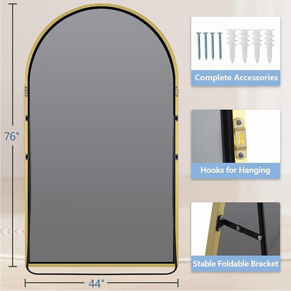 Large Mirror Full Length 76"X44", Oversized Arched Floor Mirror with Stand, Gold Standing Mirror Full Length, Hanging or Wall Mounted for Bedroom Living Room Clothing Store, Tempered Glass