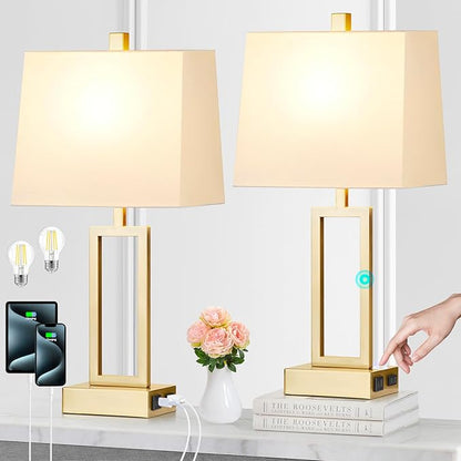 Lolikit 23.5" Touch Control Table Lamps, Metal Bedside Lamp for Bedroom Set of 2 with USB A+C Ports & AC Outlet, 3-Way Dimmable Nightstand Lamp for Living Room (LED Bulb Included)